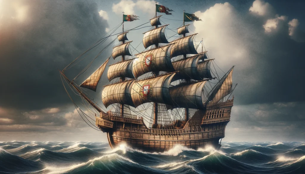 A 16th-century Man of War ship, reminiscent of the type used by Vasco da Gama, sailing on the high seas.