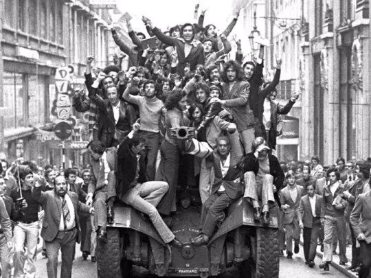 People celebrating on tank 25 April 1974