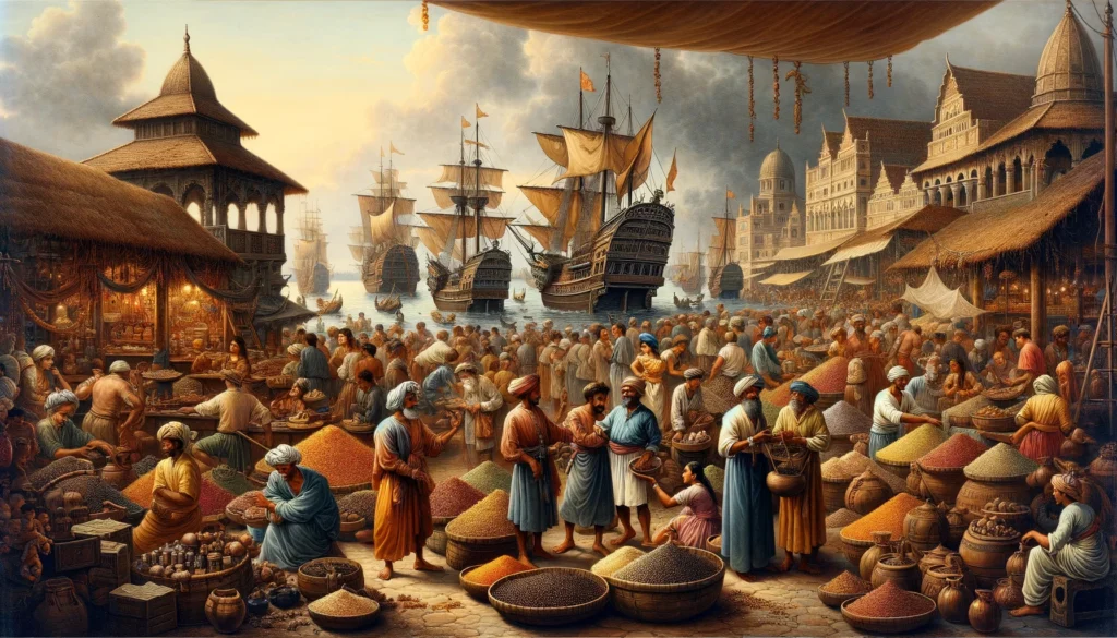 An artistic representation of the bustling spice markets of Calicut, India, in the late 15th century, showing traders, locals, and Portuguese sailors 