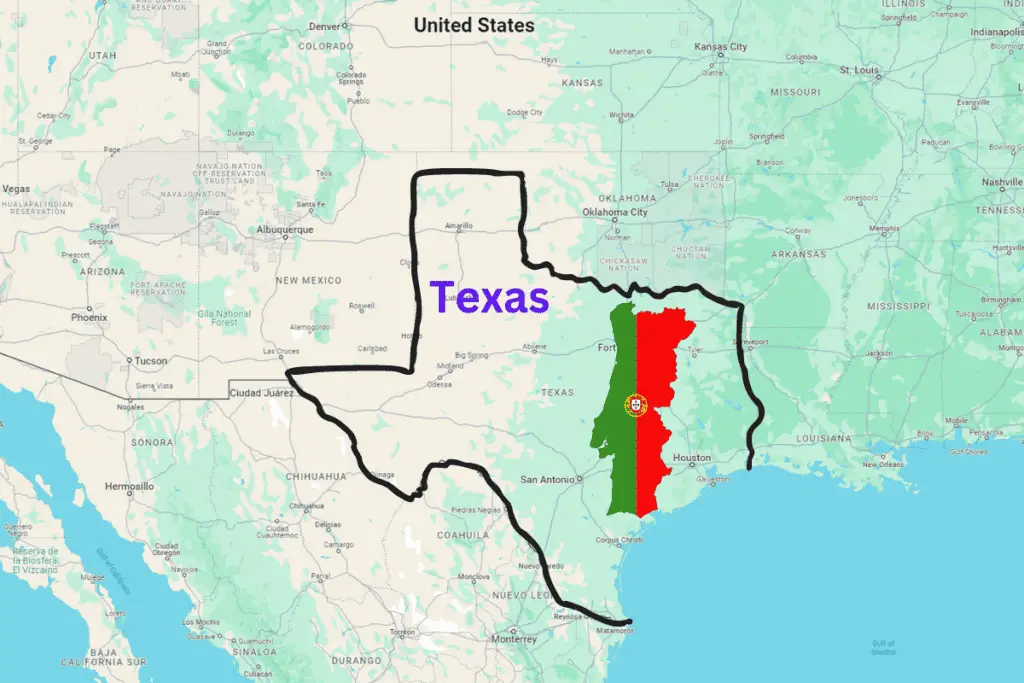 Portugal size compared to State of Texas