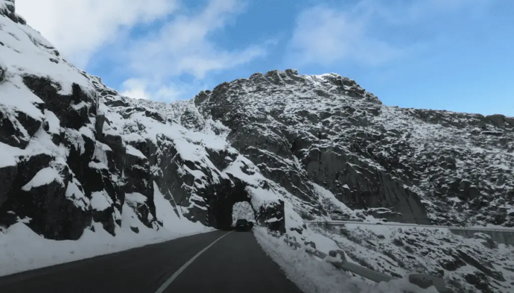 scenic drive through snow in Portugal