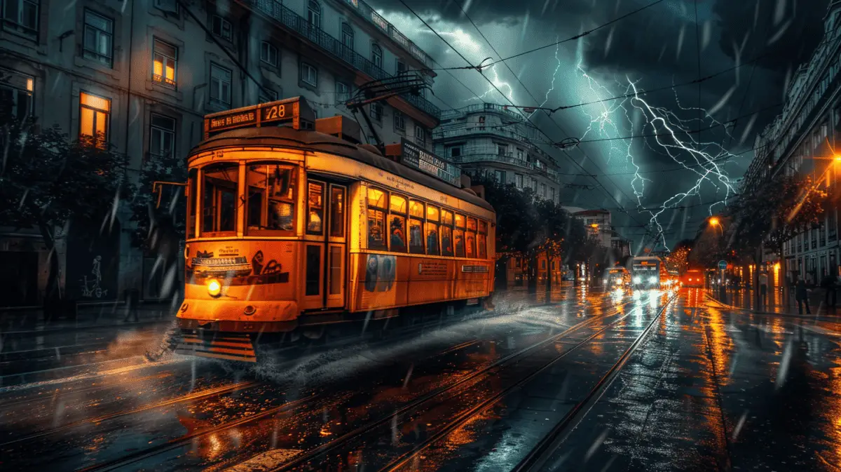 tram 28 in lisbon during a thunderstorm